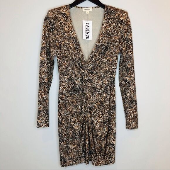 L'Agence Mariah Twist Front Mini Dress Cheetah Mob Wife Date Trip Brown Black XS - Picture 1 of 12